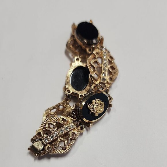 Bracelet Roses on Black w Crystals Costume Jewelry c 1960 - Picture 1 of 4